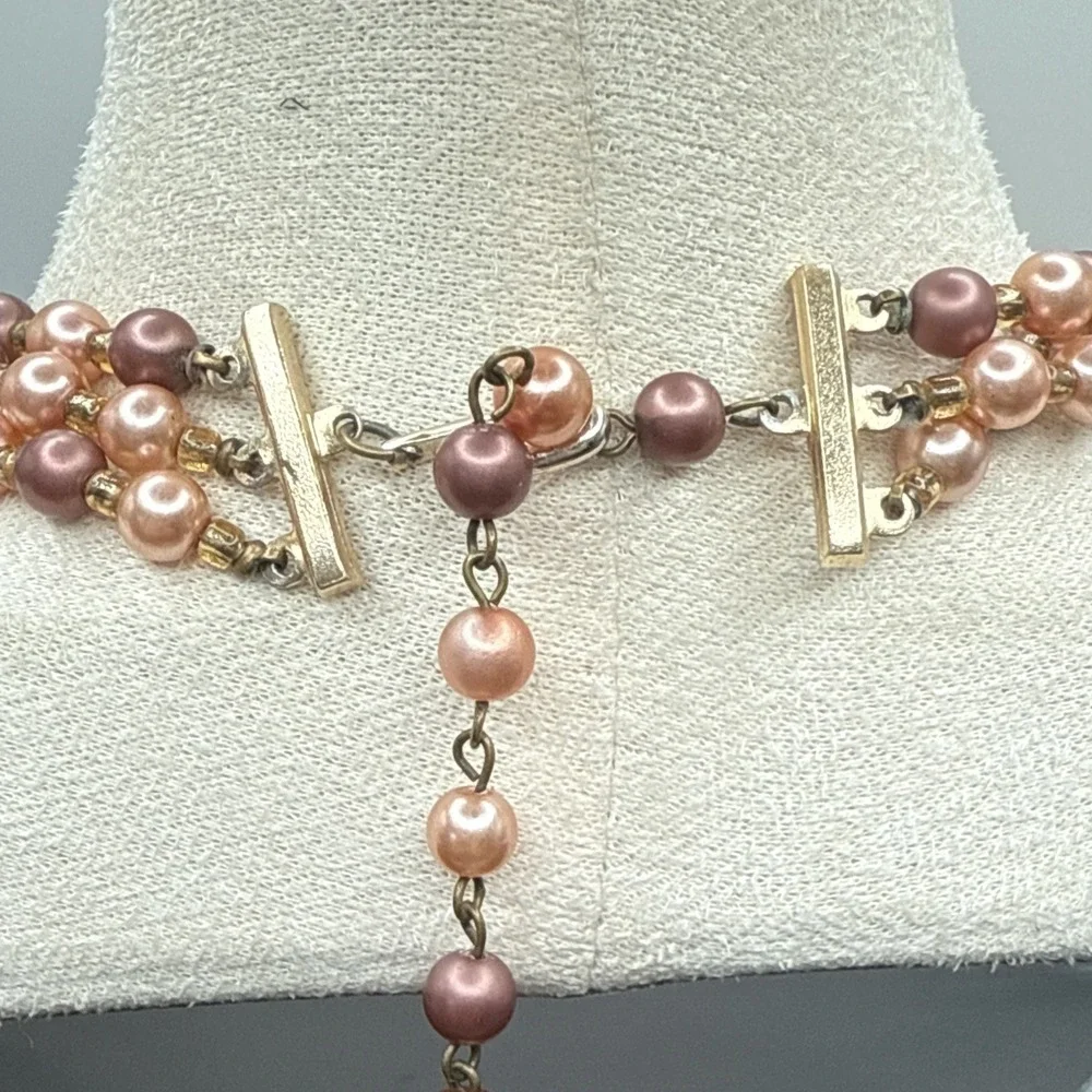 Vintage Japan Triple Strand Faux Pearl Necklace Peach Brown Orange 17-19 inches